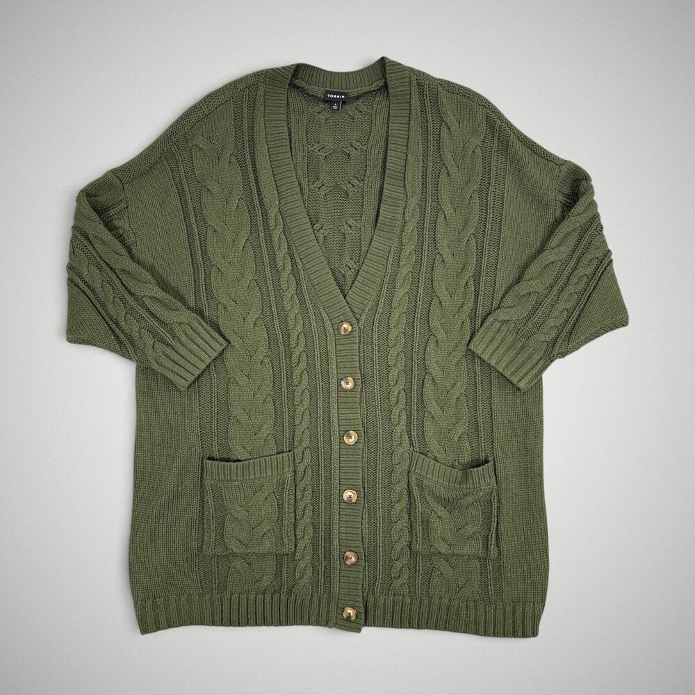 Torrid Open Cable Knit Coatigan Cardigan Olive Green Buttons Pockets Size 4X